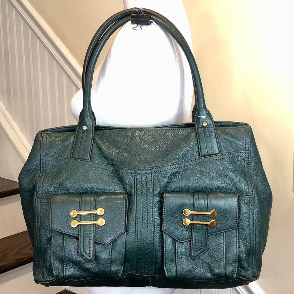 RALPH LAUREN Woodland Green Tumbled Leather Shoulder Bag Front Pockets